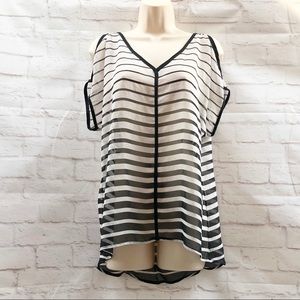 ANA Sheer Black White Ombre Stripe Split Shoulder Tunic Top XS